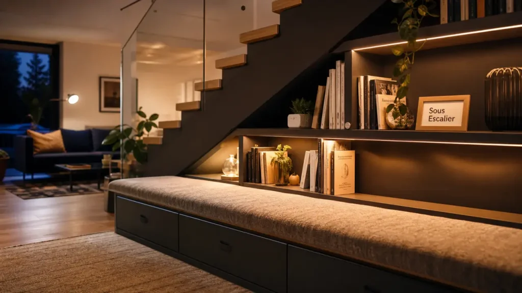 Aménagement sous escalier ouvert : bibliothèque basse et banquette sous l’escalier