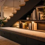 Aménagement sous escalier ouvert : bibliothèque basse et banquette sous l’escalier