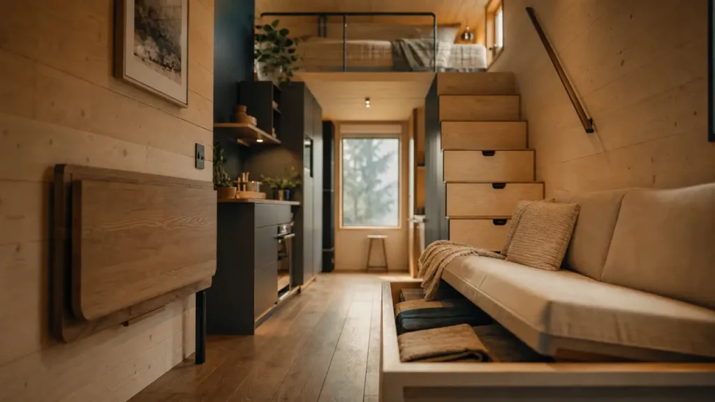 Aménagement tiny house : rangements cachés, mezzanine et lumière