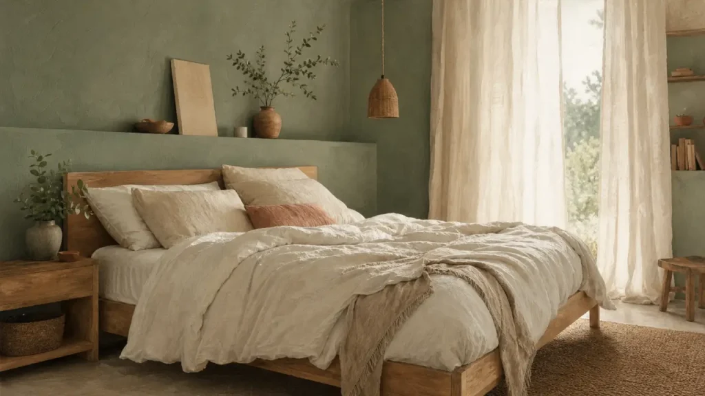 Chambre vert sauge et bois, linge en lin et lumière du matin