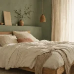 Chambre vert sauge et bois, linge en lin et lumière du matin