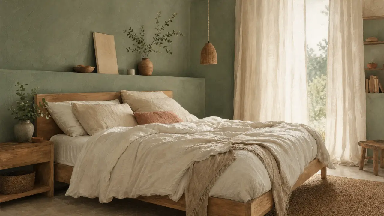 Chambre vert sauge et bois, linge en lin et lumière du matin