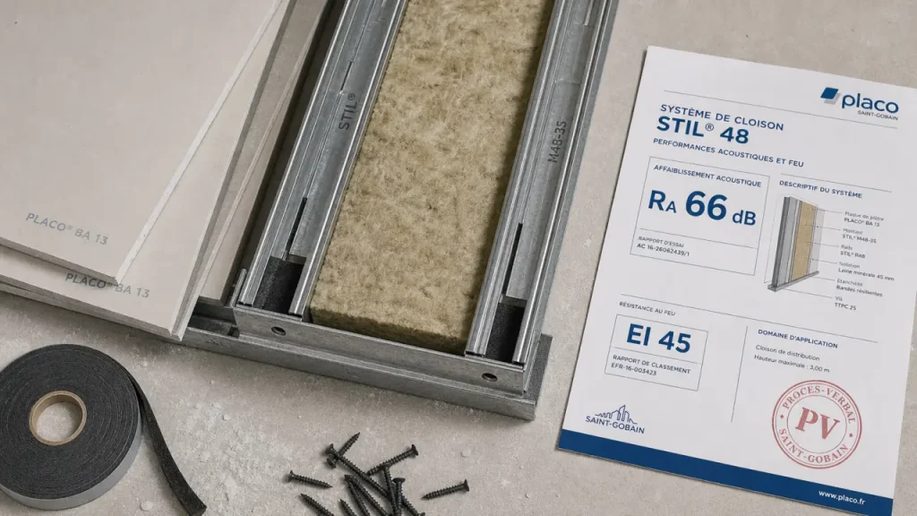 Cloison isolante placo RA 66 dB EI 120 : ossature et isolation entre montants