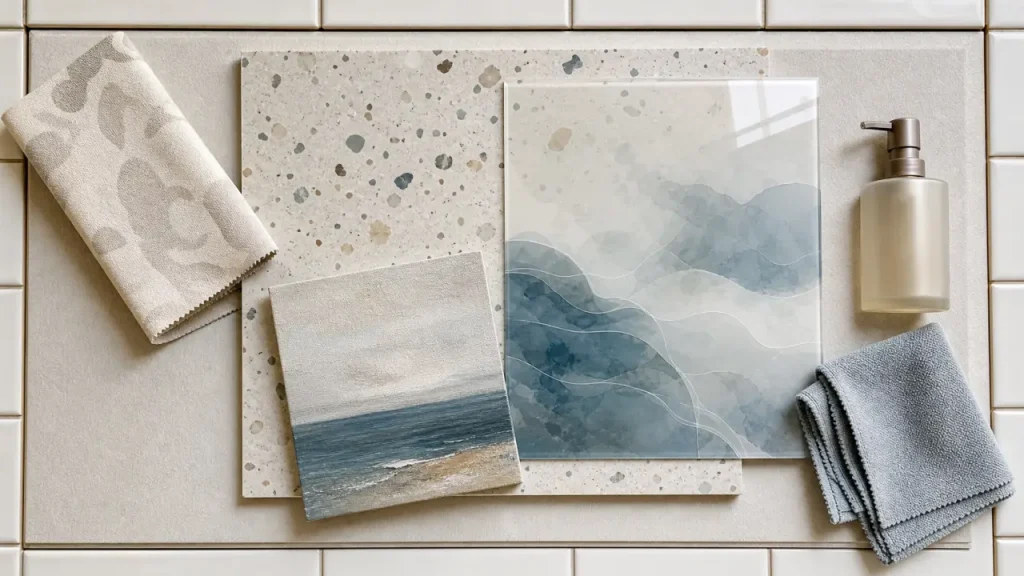 Décoration murale salle de bain : panneau terrazzo, verre acrylique marin et toile lavable