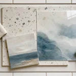 Décoration murale salle de bain : panneau terrazzo, verre acrylique marin et toile lavable