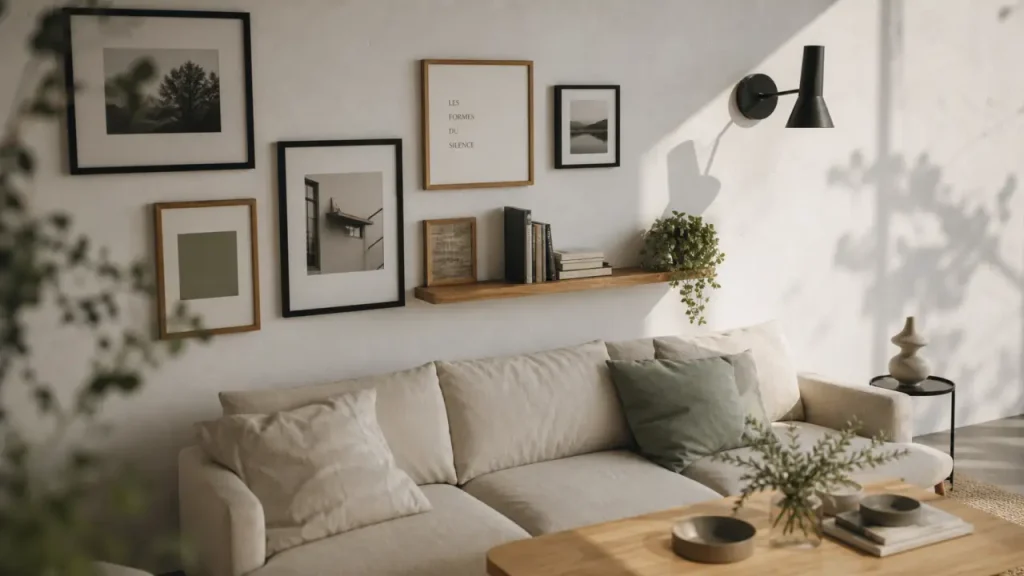 Décorer mur blanc : cadres noirs et étagère flottante en chêne dans un salon minimaliste