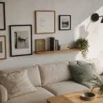 Décorer mur blanc : cadres noirs et étagère flottante en chêne dans un salon minimaliste