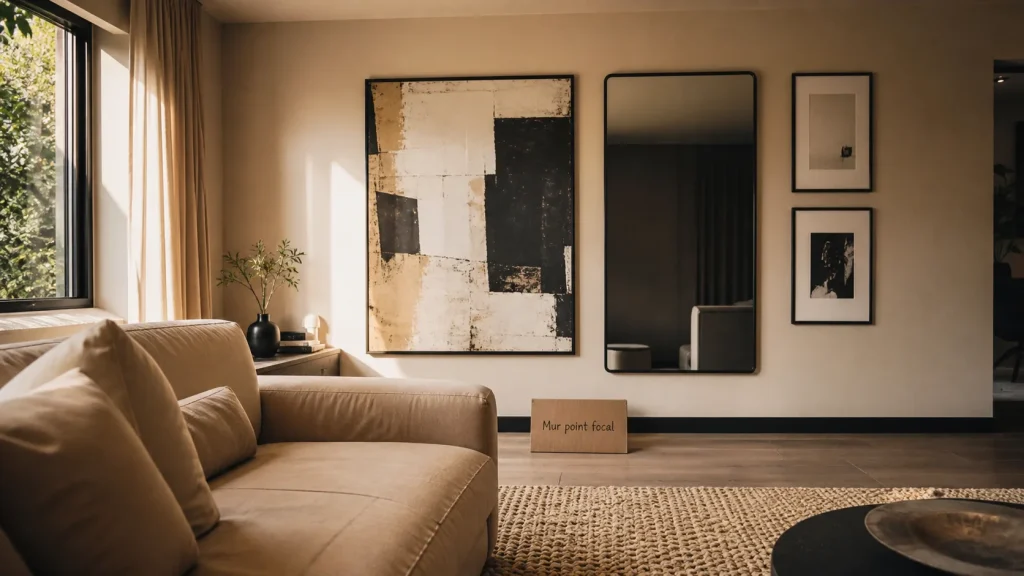 Décorer un grand mur salon avec cadres, miroirs et rangements, sans surcharger