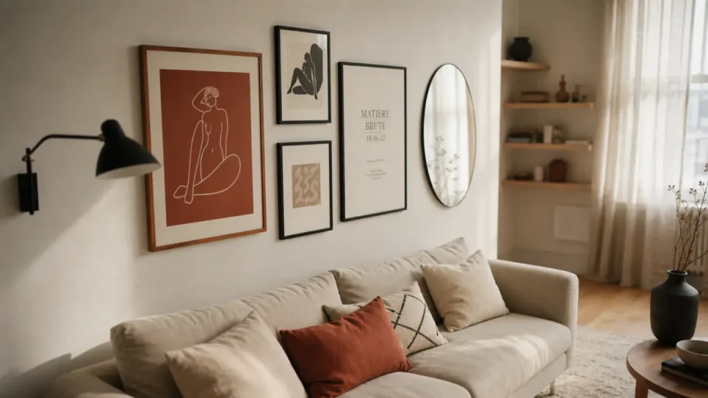 Décorer un mur blanc avec cadres noirs, terracotta et lumière douce