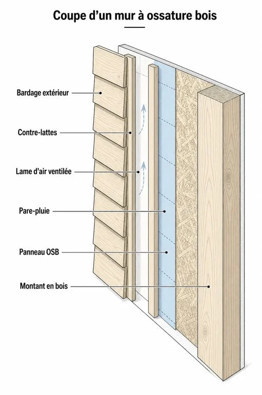 Schéma de composition d'un mur à ossature bois avec section bois ossature