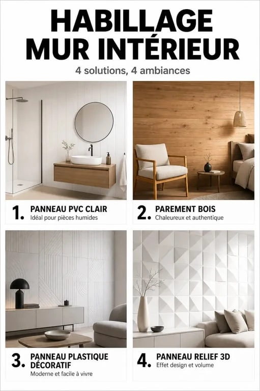 Habillage mur intérieur : comparaison visuelle de panneaux PVC, bois, plastique décoratif et relief 3D