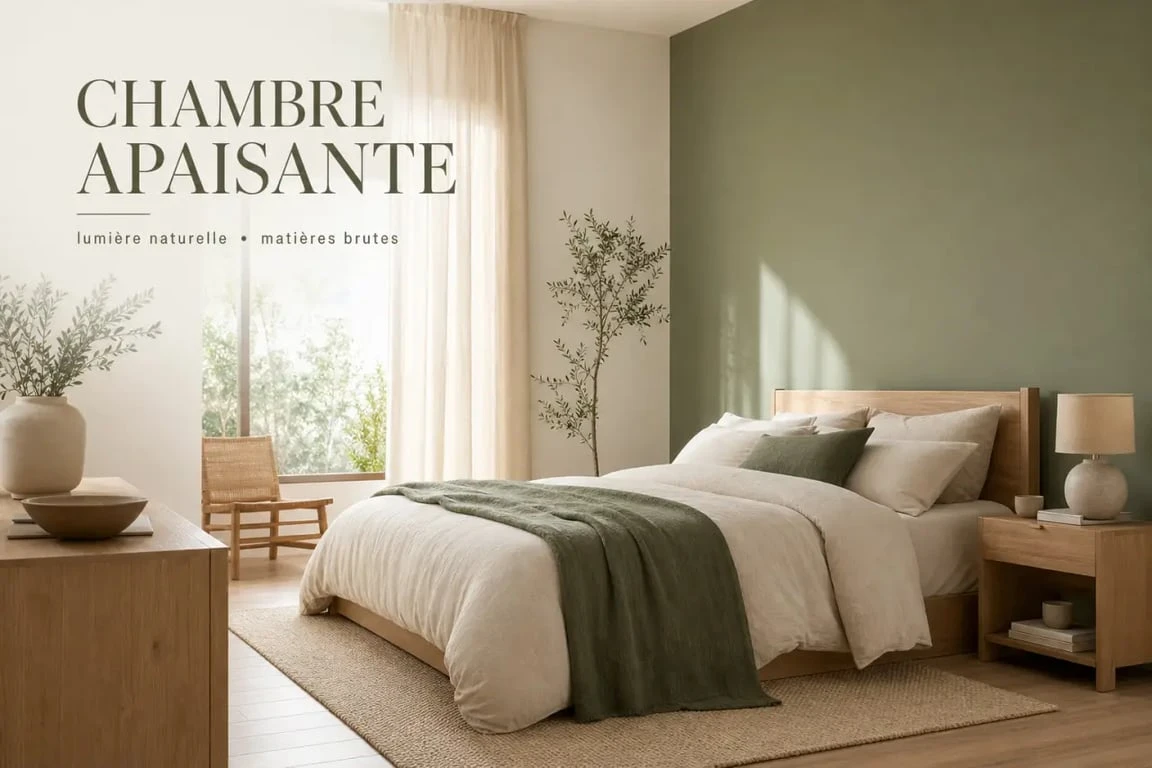 Chambre vert sauge et bois avec mur vert sauge, lit en bois clair et linge de lit en lin