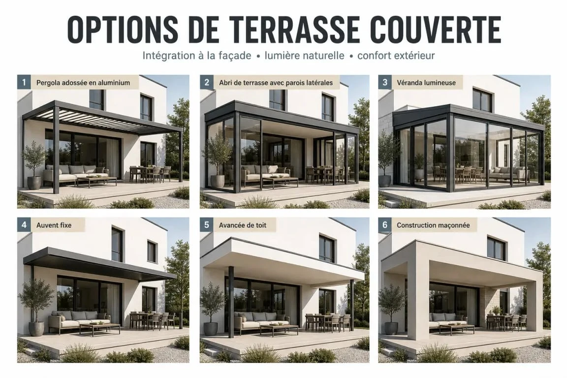 Terrasse couverte maison : comparatif visuel des solutions pergola, véranda et abri de terrasse