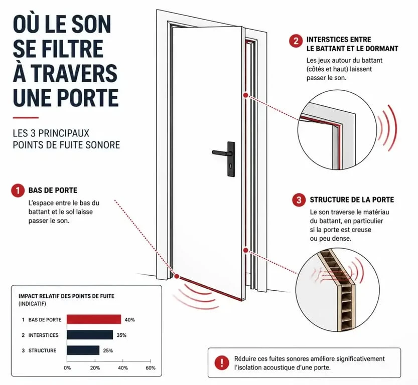 Schéma des points de fuite sonore pour isoler phoniquement une porte