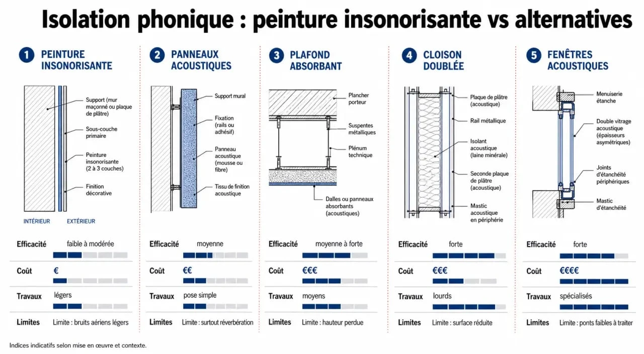 Comparaison de peinture insonorisante et alternatives d’isolation phonique
