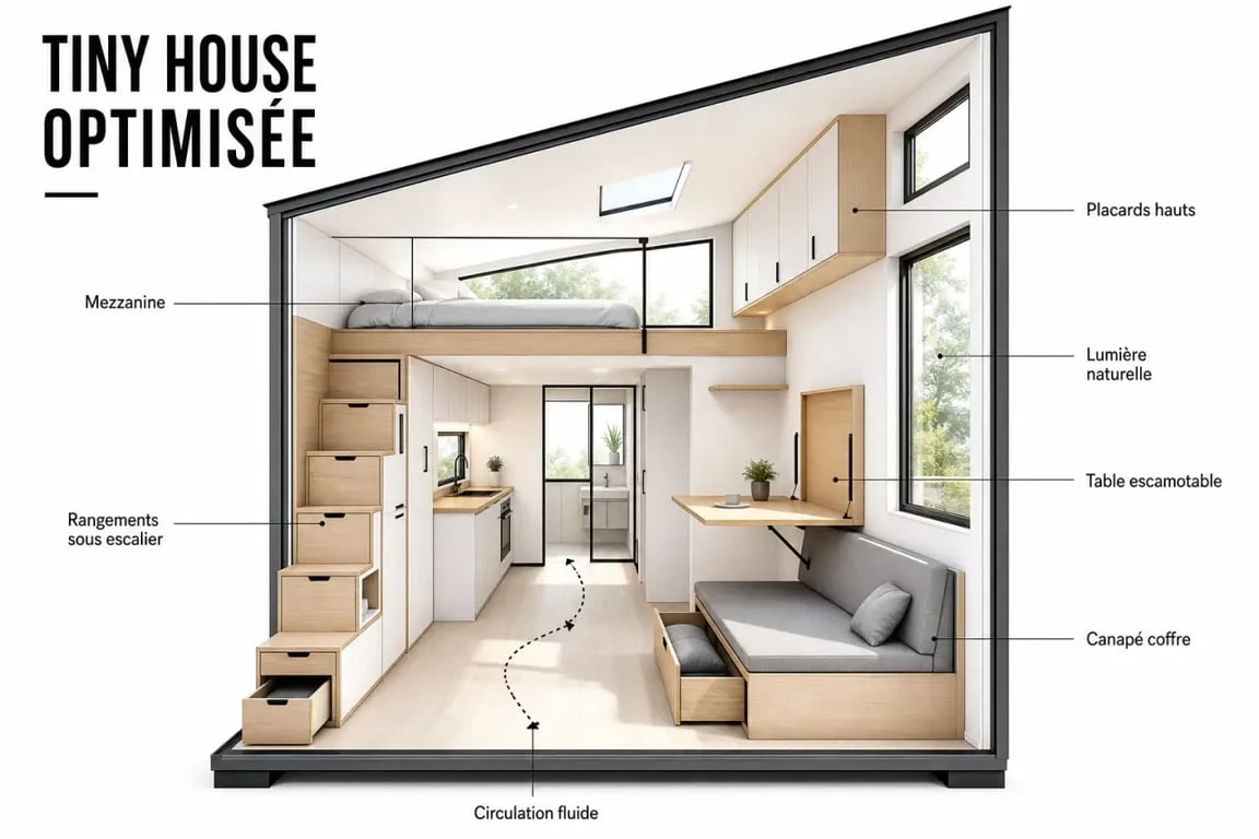 Aménagement tiny house optimisé avec mezzanine, rangements sous escalier et table escamotable