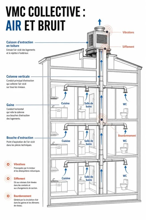 VMC collective immeuble bruyante : schéma du caisson, des gaines et des bouches d’extraction
