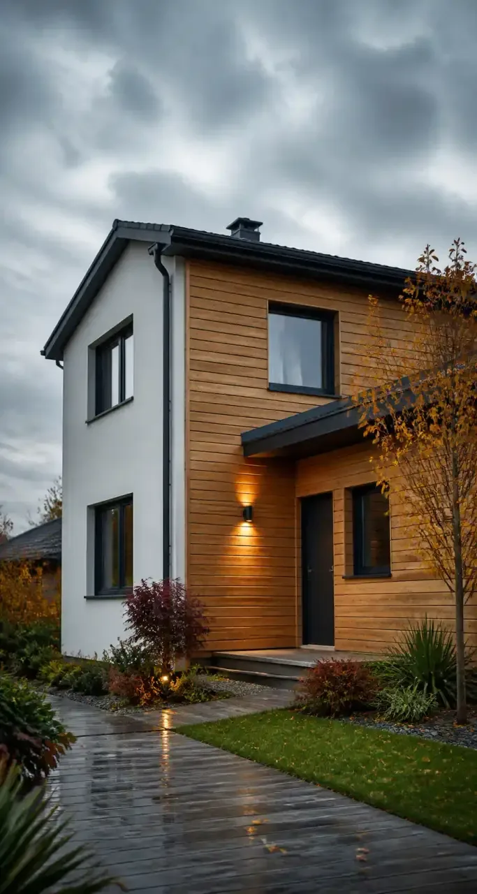 Façade de maison rénovée avec isolation extérieure et bardage bois