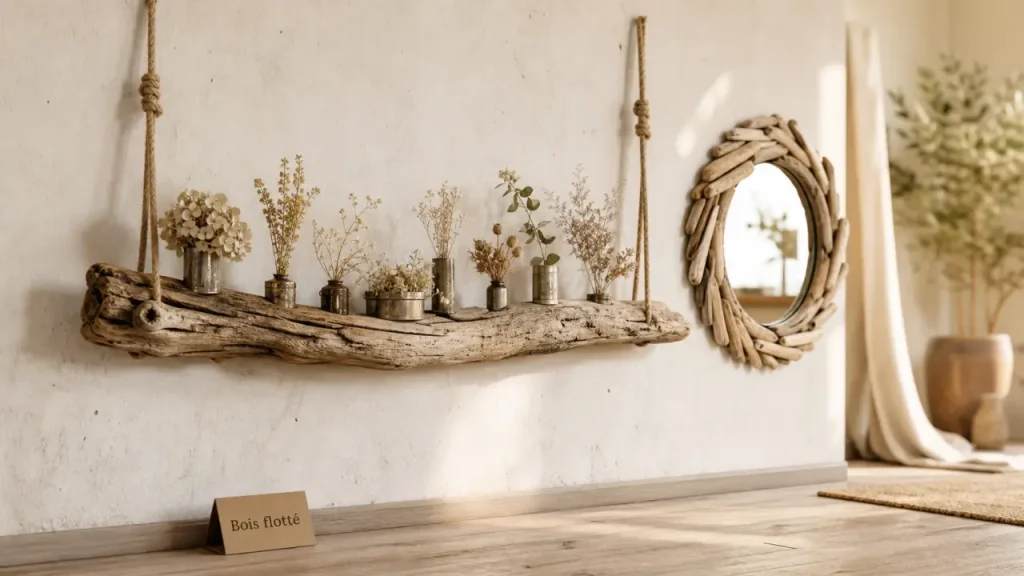 Idées déco bois flotté ambiance nature : branche suspendue, fleurs séchées et plantes au mur