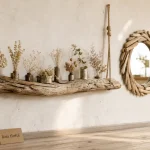 Idées déco bois flotté ambiance nature : branche suspendue, fleurs séchées et plantes au mur