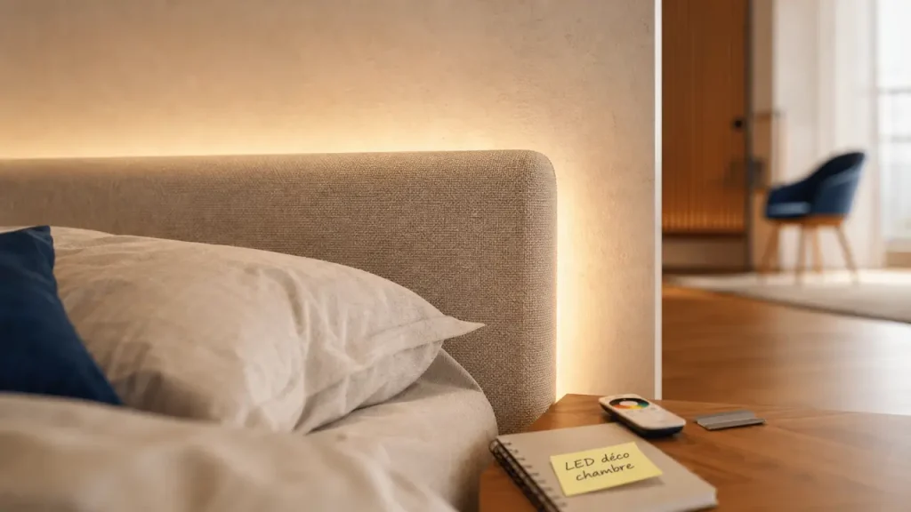 LED déco chambre : bande LED blanc chaud derrière le lit