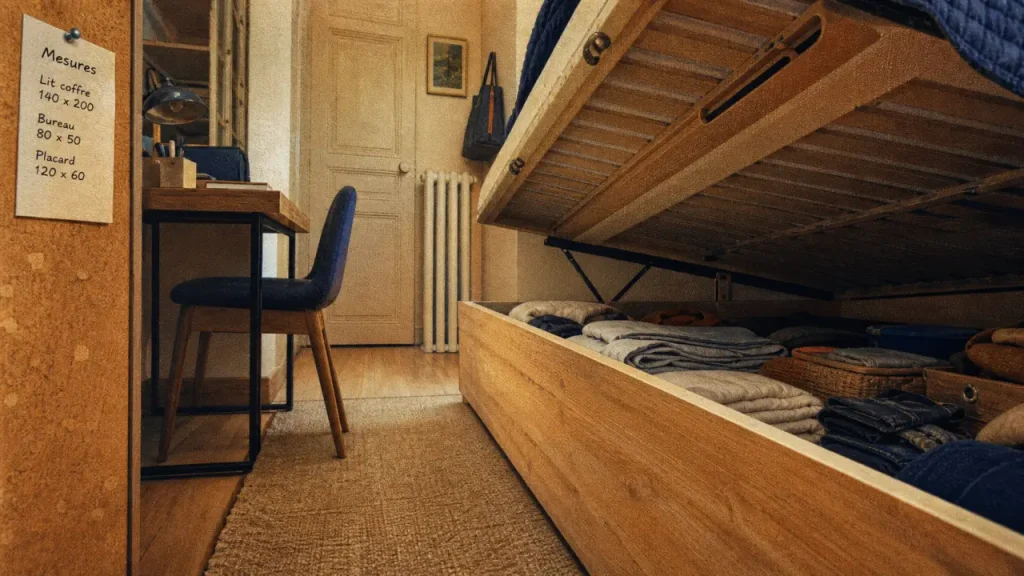 Lit pour petit chambre : lit coffre 140x200 ouvert, petite chambre optimisée