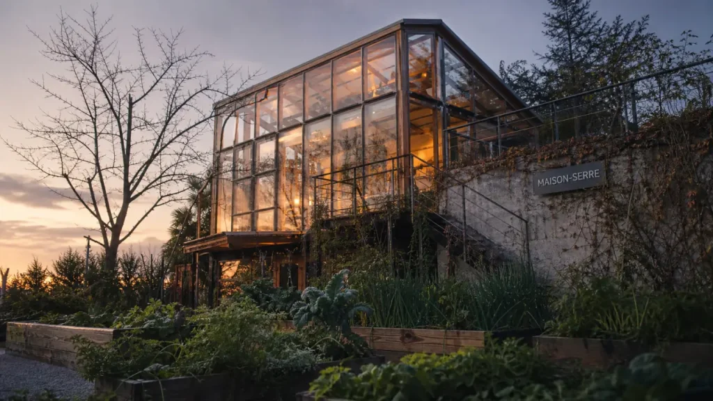 Maison serre avec double peau et potager, condensation sur vitrages