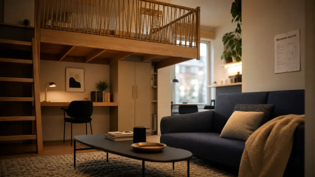 Mezzanine pour studio : accès sécurisé en hauteur, salon et bureau dessous