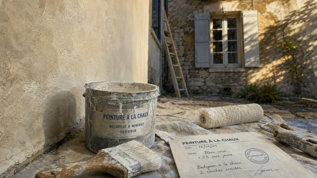 Peinture extérieur à la chaux sur mur enduit minéral, brosse et seau sur chantier