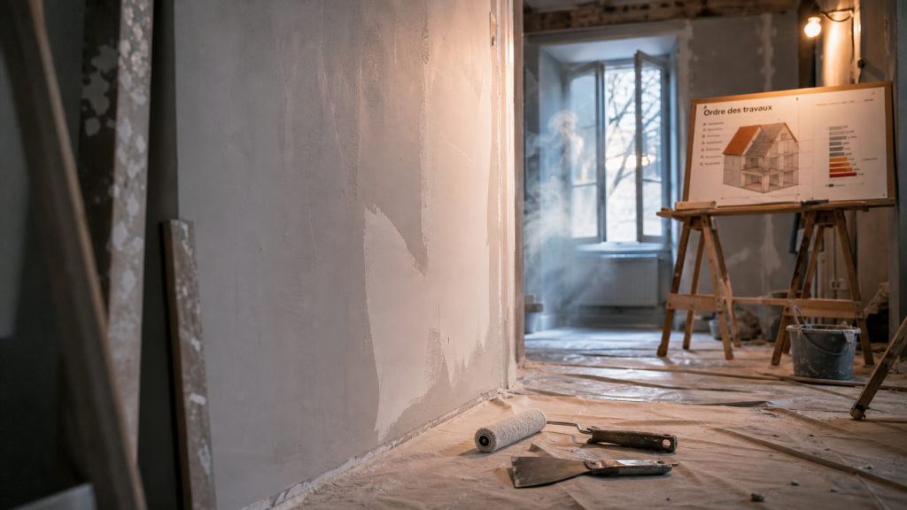 Rénovation maison : intérieur en travaux, enduit lissé et peinture