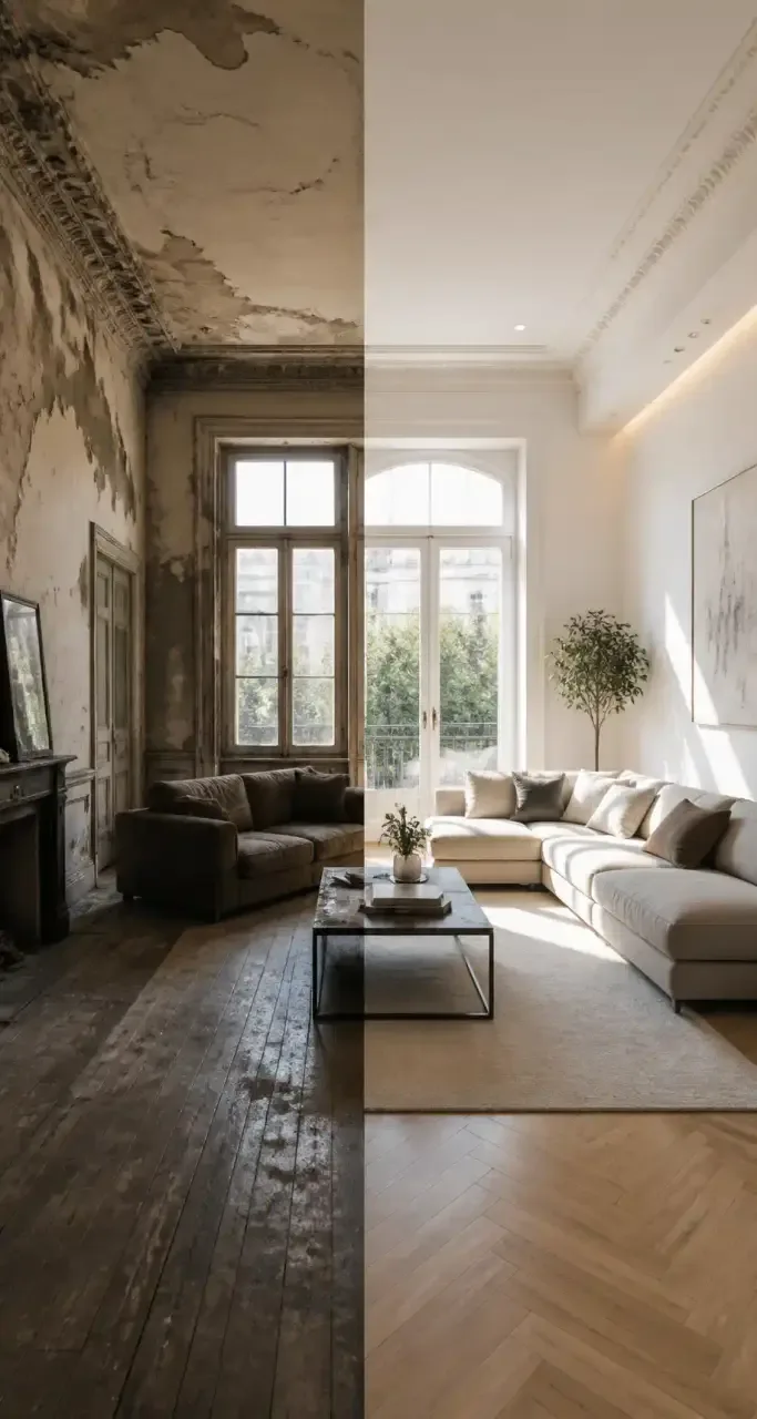 Séjour photographié avant et après une rénovation intérieure complète