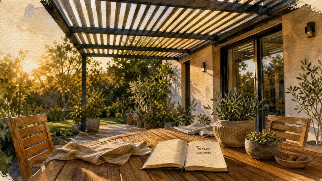 Terrasse couverte maison avec pergola en aluminium adossée