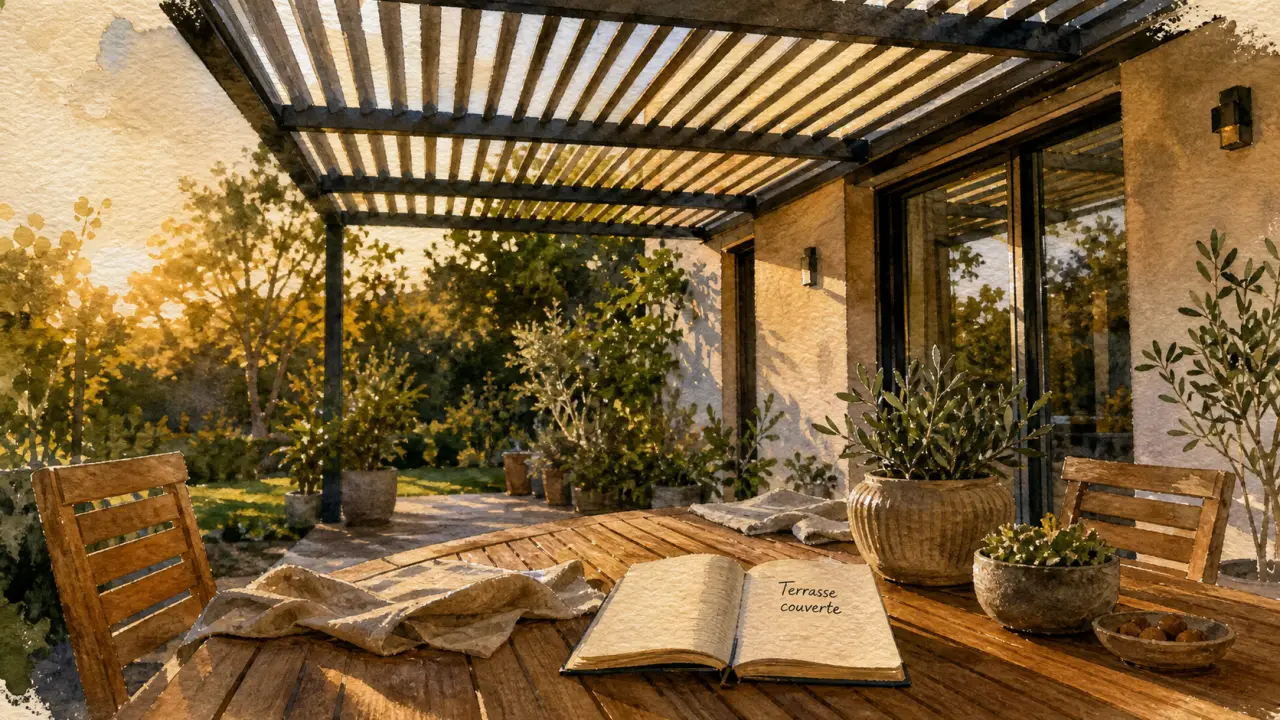 Terrasse couverte maison avec pergola en aluminium adossée
