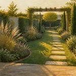 Aménagement jardin rectangulaire : allée décalée et massifs pour casser l’effet couloir