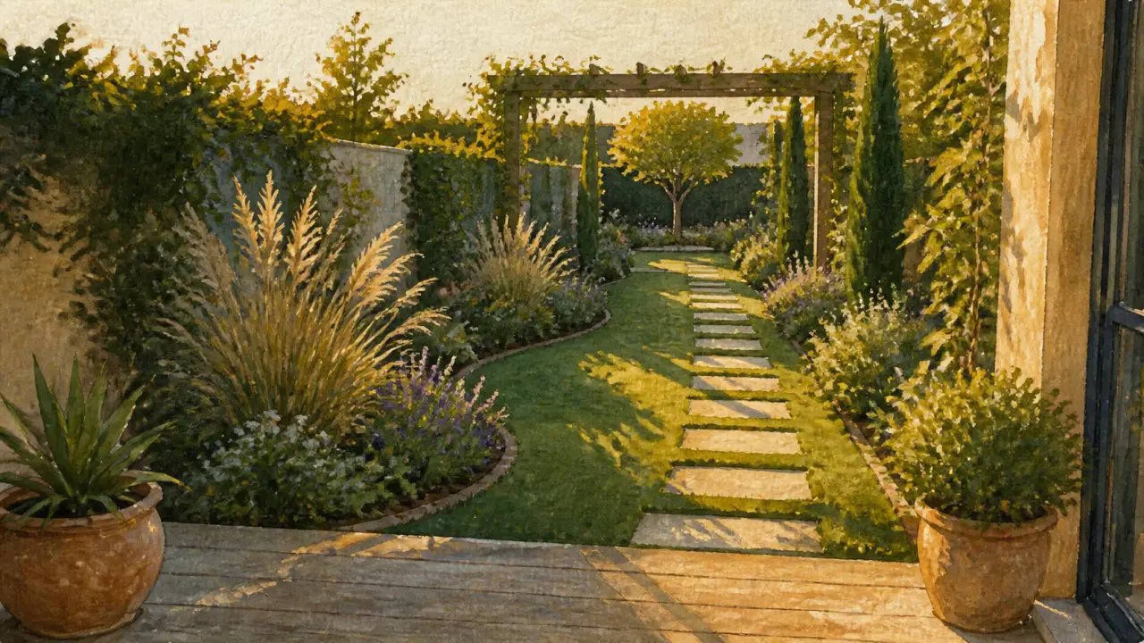 Aménagement jardin rectangulaire : allée décalée et massifs pour casser l’effet couloir