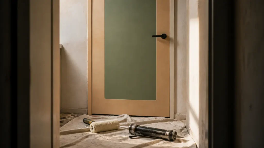 Décoration porte intérieur : adhésif bois clair et insert vert sauge