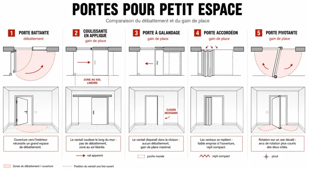 Solution porte petit espace : comparaison visuelle entre porte battante, coulissante, galandage, accordéon et pivotante