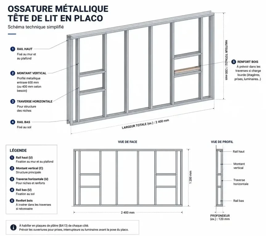 Schéma de l'ossature métallique pour une tête de lit en placo avec niches