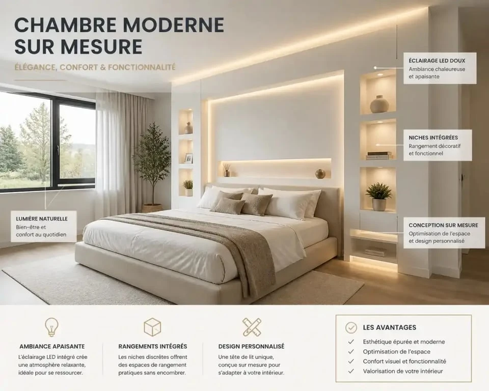 Tête de lit en placo avec niches intégrées et éclairage LED dans une chambre moderne