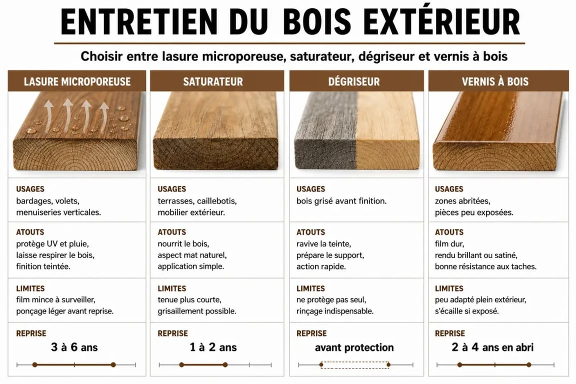Maison en bois entretien : comparaison entre lasure, saturateur, dégriseur et vernis