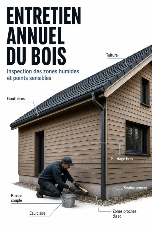 Maison en bois entretien : inspection annuelle d’un bardage avec brosse souple et contrôle des gouttières