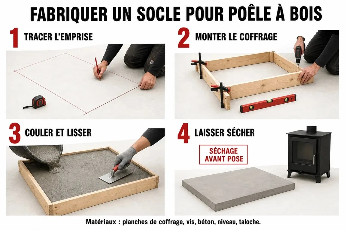 Fabriquer socle pour poêle à bois : étapes de traçage, coffrage, coulage et séchage