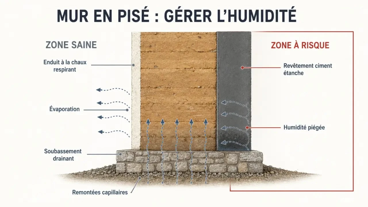 Rénovation maison pisé : schéma du mur respirant, du soubassement et des risques d’humidité