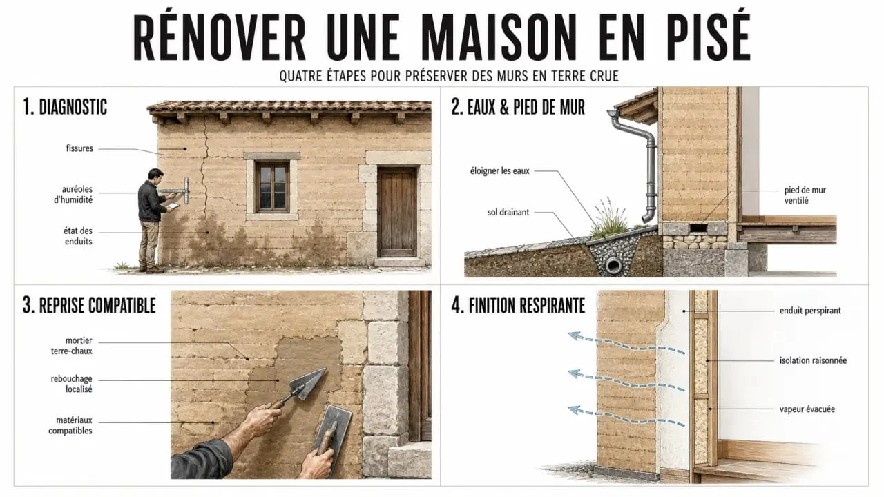 Rénovation maison pisé : étapes clés d’un chantier de diagnostic, assainissement et finitions respirantes