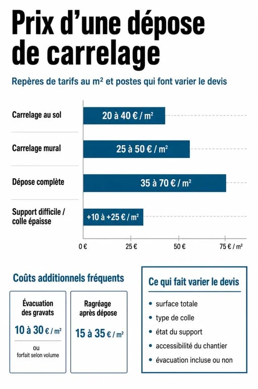 Dépose carrelage prix : visuel comparatif des tarifs au m² pour sol, mur et coûts additionnels