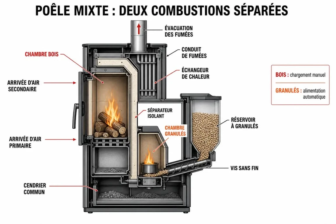 Schéma de fonctionnement d'un poêle mixte bois et granulés