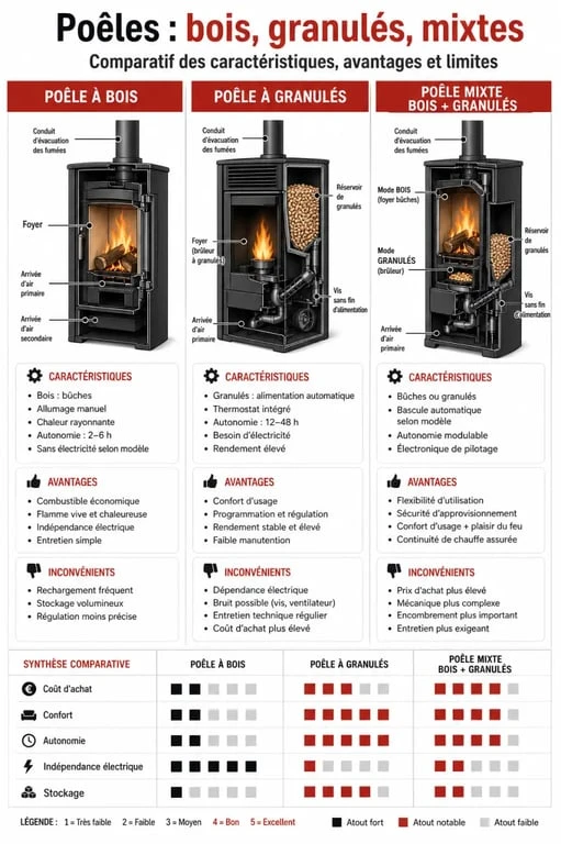 Tableau comparatif des poêles mixte bois et granulés, poêles à bois et poêles à granulés