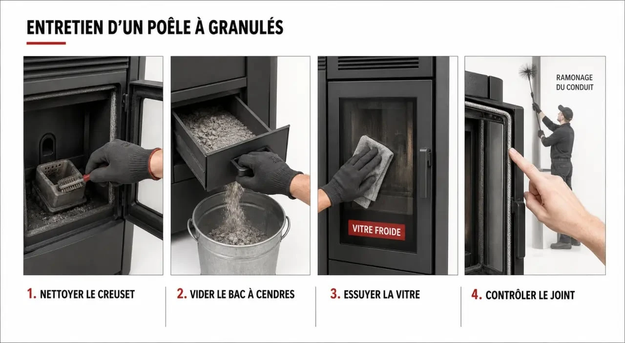 Poêle à granulés entretien : illustration des gestes de nettoyage et du ramonage