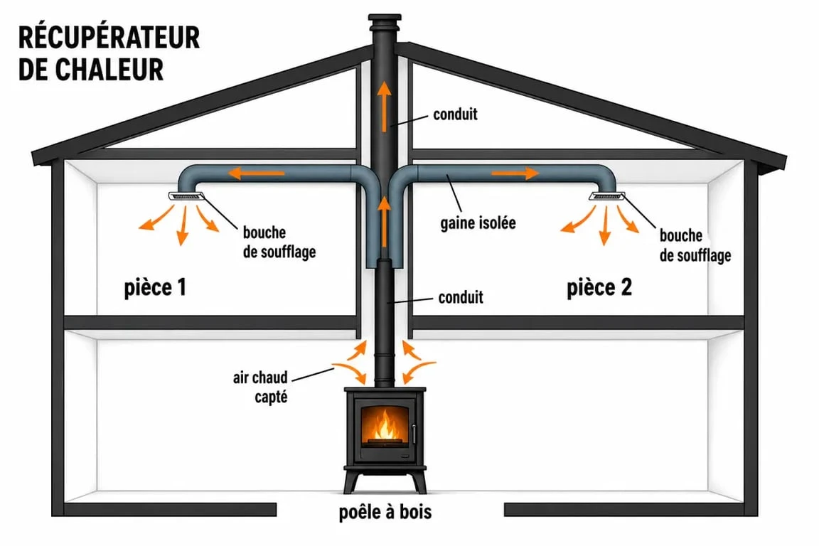 Schéma du poele a bois recuperateur de chaleur montrant la captation de l’air chaud et sa redistribution vers plusieurs pièces