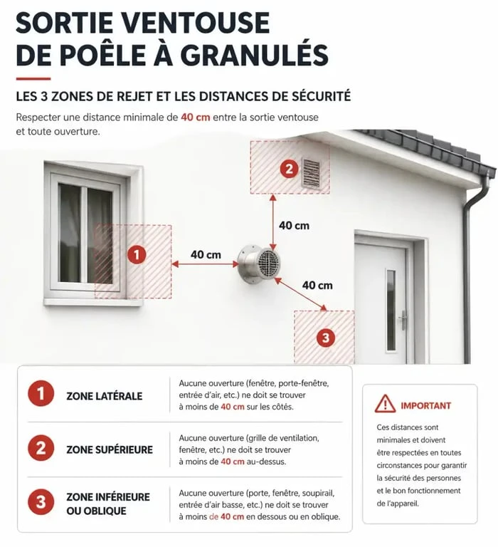 Schéma des zones de rejet et distances de sécurité pour l'installation d'un poêle à granulés en sortie ventouse selon le DTU 24.1